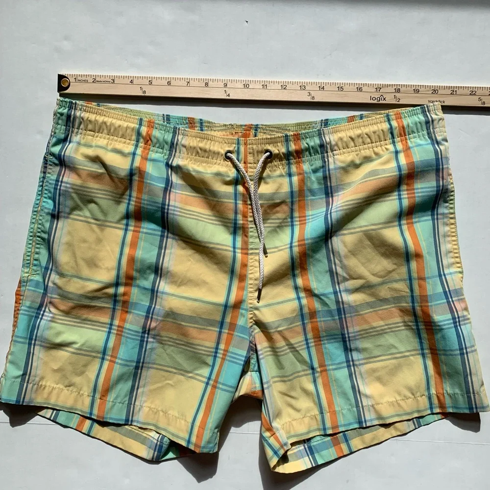 Faherty Men's Swim Trunks Yellow/Blue Plaid Size XL Mesh Lining Beach Vacation - Picture 2 of 7